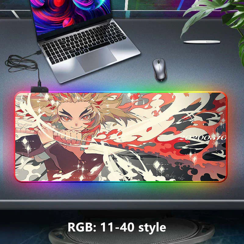 Demon Slayer RGB Gaming Mouse Pad, Large Extended Anime Desk Mat, LED Glowing Non-Slip Rubber Keyboard Pad, Multiple Nezuko Tanjiro Designs, Waterproof Desk Pad for PC Gamers