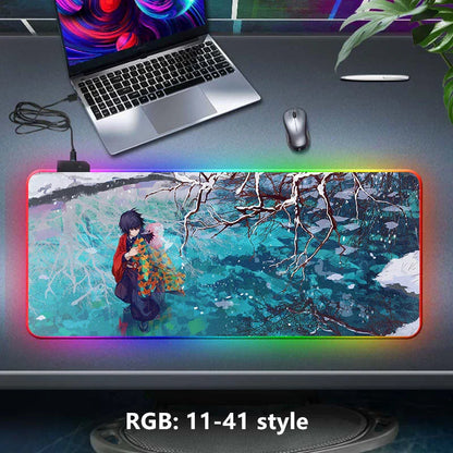 Demon Slayer RGB Gaming Mouse Pad, Large Extended Anime Desk Mat, LED Glowing Non-Slip Rubber Keyboard Pad, Multiple Nezuko Tanjiro Designs, Waterproof Desk Pad for PC Gamers