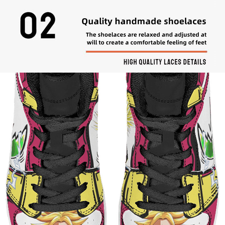 Dragon Ball Broly Anime High Top Sneakers, Fuchsia Yellow White Custom Print Streetwear Shoes, Men Women Casual Fashion Sneakers, Anime Fan Collectible Footwear Gift