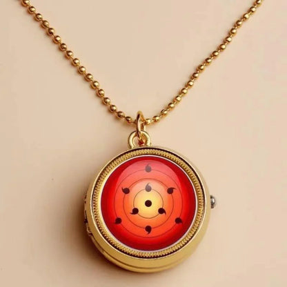 Naruto Sharingan Rotatable Pocket Watch Necklace, Anime Uchiha Clan Rotating Pendant Pocket Watch, Vintage Cosplay Jewelry Accessory, Collectible Gift for Naruto Anime Fans