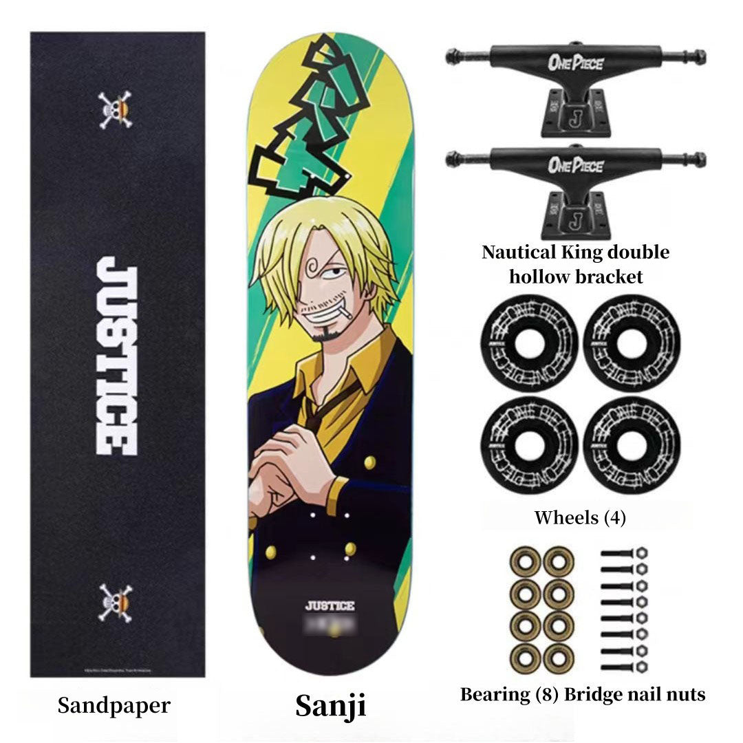 One Piece Anime Complete Skateboard Set, 7 Layer Maple Double Kick Skate Board, Luffy Zoro Sanji Nami Chopper Print Skateboard, Anime Collectible Skateboard for Teens Adults, One Piece Fan Gift