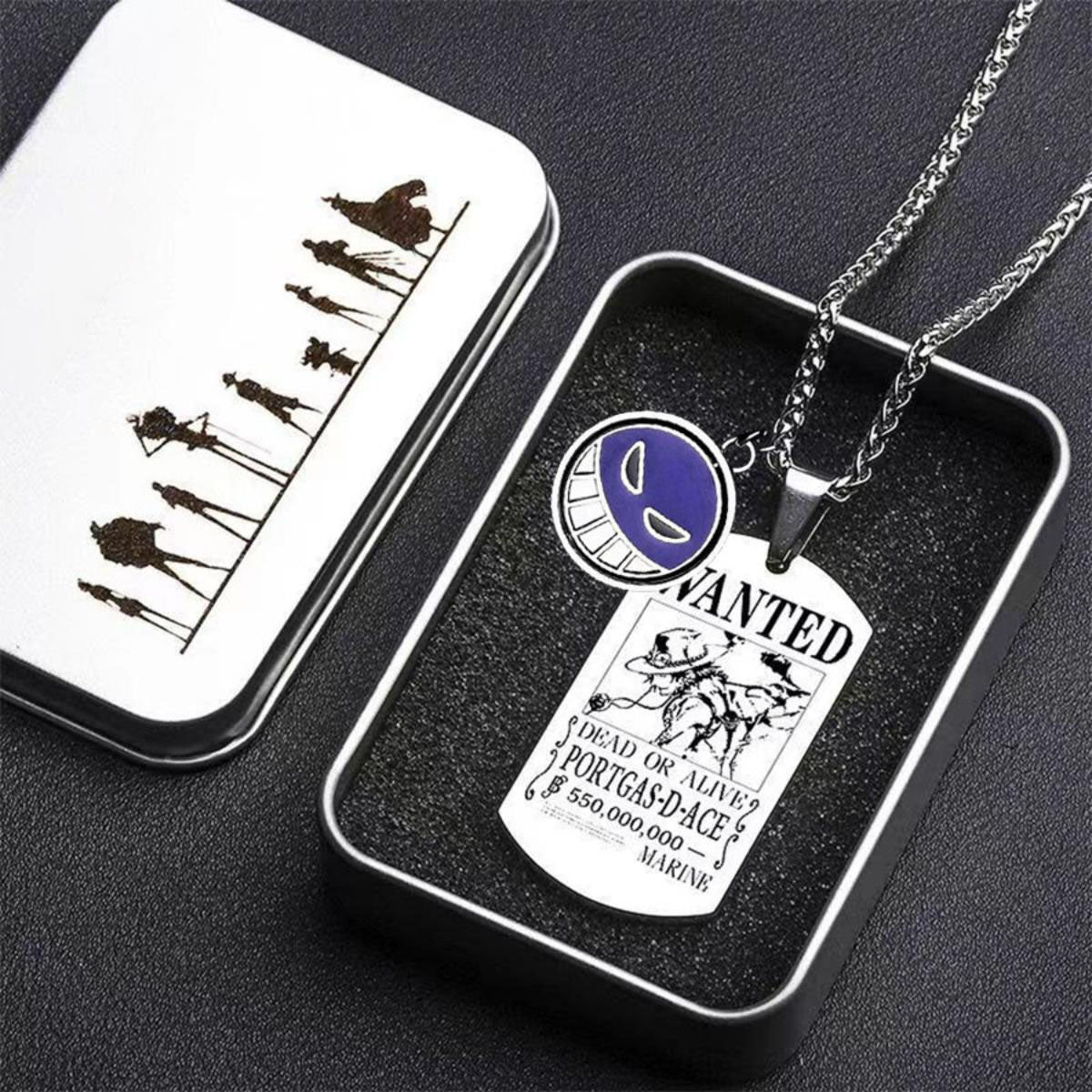 One Piece Portgas D Ace Necklace, Ace Spinning Pendant with Wanted Poster Dog Tag, Anime Whitebeard Pirates Enamel Rotatable Charm Necklace, Cosplay Jewelry Gift for One Piece Fans