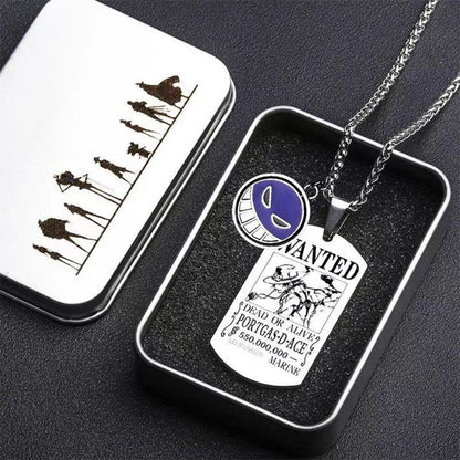 One Piece Portgas D Ace Necklace, Ace Spinning Pendant with Wanted Poster Dog Tag, Anime Whitebeard Pirates Enamel Rotatable Charm Necklace, Cosplay Jewelry Gift for One Piece Fans