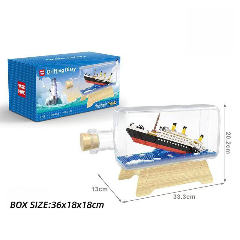 One Piece Thousand Sunny Ship in Bottle Micro Building Blocks Set, LED Light Mini Bricks Model with Display Bottle & Wood Stand, DIY Assembly Toy, Desktop Decor, Collectible Gift for Anime Fans