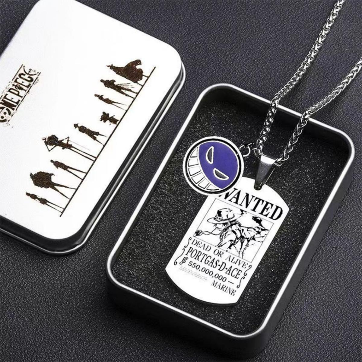One Piece Portgas D. Ace Rotatable Pendant Necklace, Stainless Steel Dog Tag Wanted Poster Necklace Anime Jewelry Gift For Collection Fans