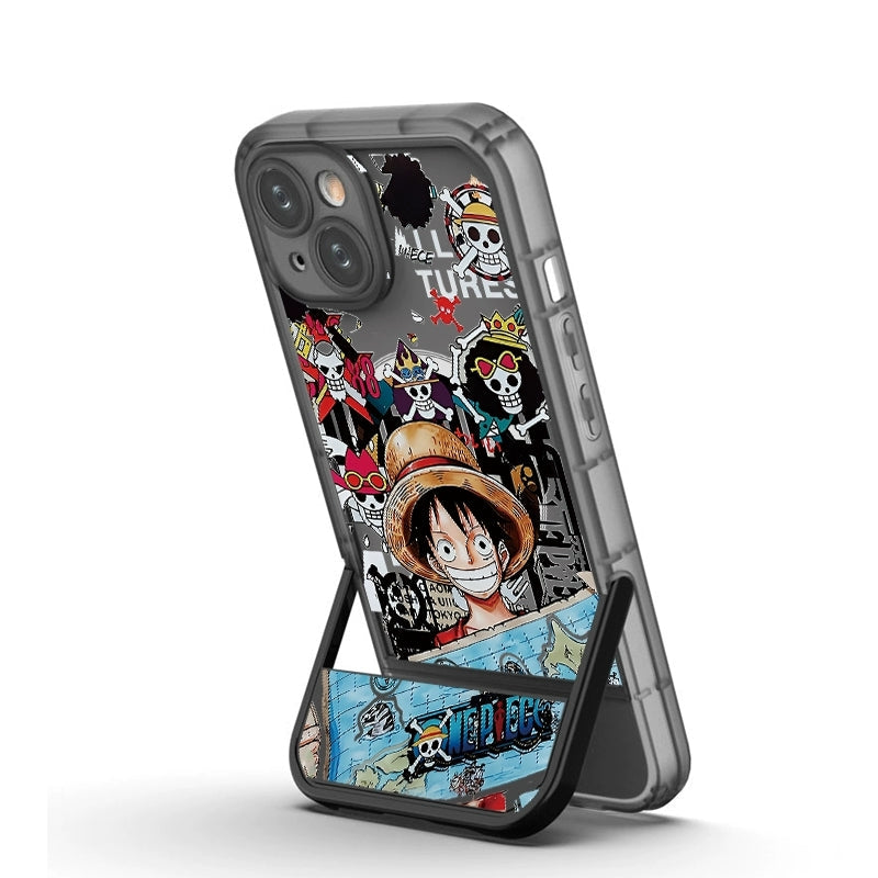 One Piece Luffy Anime Magnetic Phone Case with Built-in Foldable Kickstand, MagSafe Compatible Shockproof Protective Cover, Transparent Cartoon Luffy Print Phone Case, Anime Merch Gift for iPhone