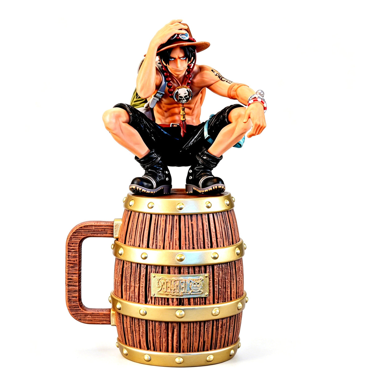 One Piece Barrel Mug, Pirate Wooden Barrel Style Beer Tankard, 304 Stainless Steel Liner Resin Cup with Handle, One Piece Anime Collectible Coffee Tea Mug Gift for Fans