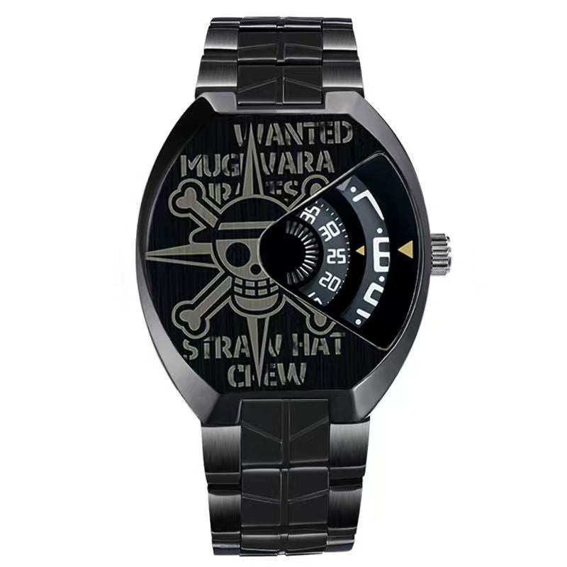 One Piece Luffy Wanted Poster Anime Wrist Watch for Men, Unique Rotating Dial Quartz Watch, Stainless Steel & Leather Strap, One Piece Skull Logo Analog Watch, Anime Cosplay Collectible Gift for One Piece Fans