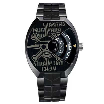 One Piece Luffy Wanted Poster Anime Wrist Watch for Men, Unique Rotating Dial Quartz Watch, Stainless Steel & Leather Strap, One Piece Skull Logo Analog Watch, Anime Cosplay Collectible Gift for One Piece Fans