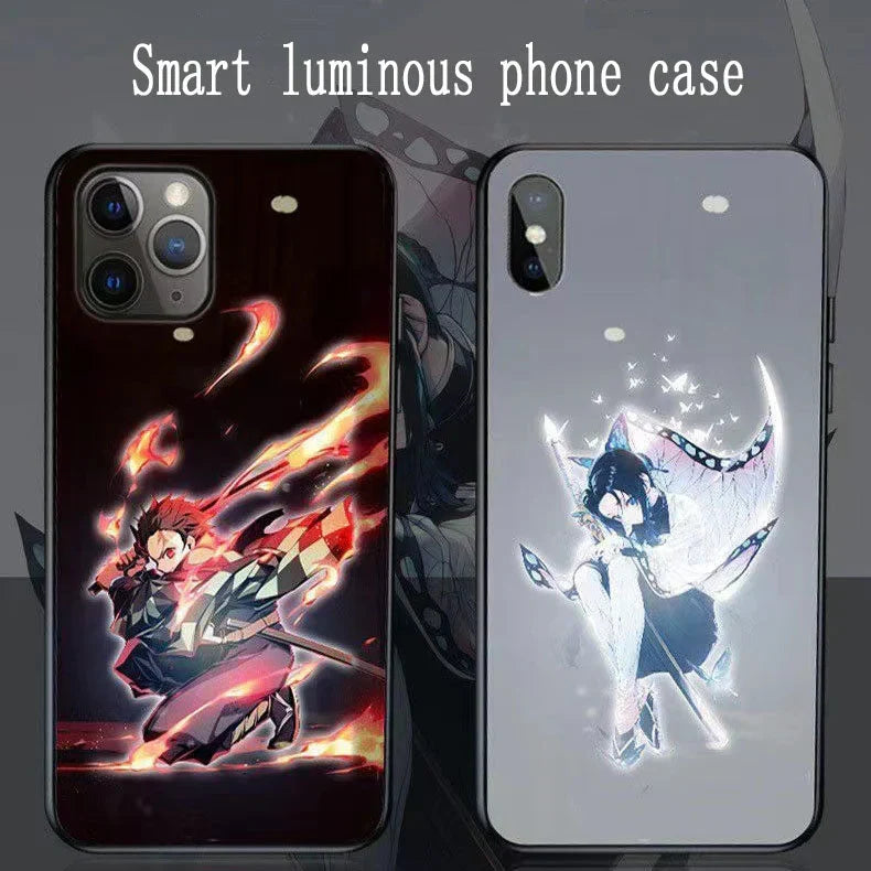 Demon Slayer LED Light Up Phone Case, Anime Tanjiro Shinobu Luminous Tempered Glass Back Cover, Flash Light Glowing Case for iPhone, Shockproof Protective Anime Phone Shell