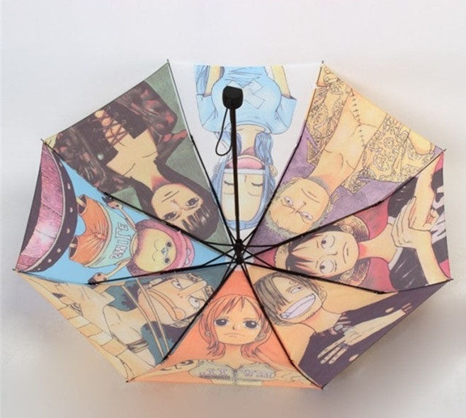 One Piece Anime Folding Umbrella, Straw Hat Crew Luffy Zoro Nami Sanji Compact Portable Travel Umbrella, UV Protection Sun Rain Dual Use Windproof Foldable Umbrella, Anime Merch Gift for One Piece Fans