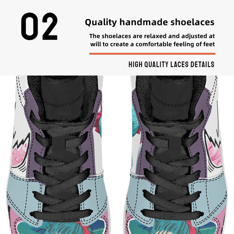 Dragon Ball Bulma Anime High Top Sneakers, Pink White Light Blue Custom Print Streetwear Shoes, Men Women Casual Fashion Sneakers, Anime Fan Collectible Footwear Gift