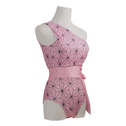 Demon Slayer Nezuko Kamado One Piece Swimsuit, Anime Cosplay One Shoulder Bathing Suit, Pink Geometric Pattern Belted Swimwear for Women, Summer Beach Swimming Costume