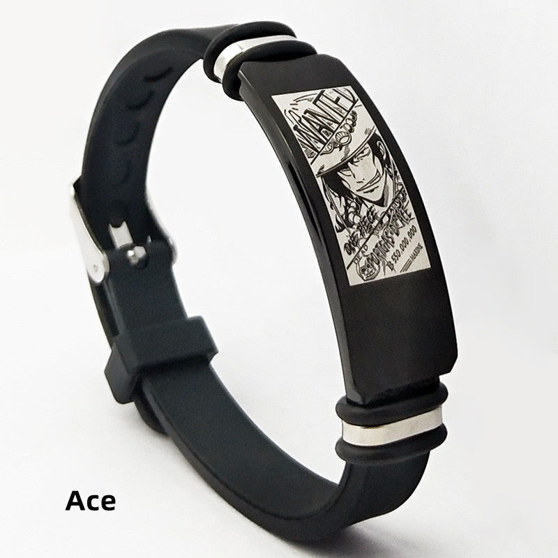 One Piece Anime Bracelet, Wanted Poster Engraved Silicone Wristband, Adjustable Stainless Steel Tag Bracelet, Luffy Zoro Ace Sabo Nami Sanji Chopper Cosplay Jewelry Gift for One Piece Fans