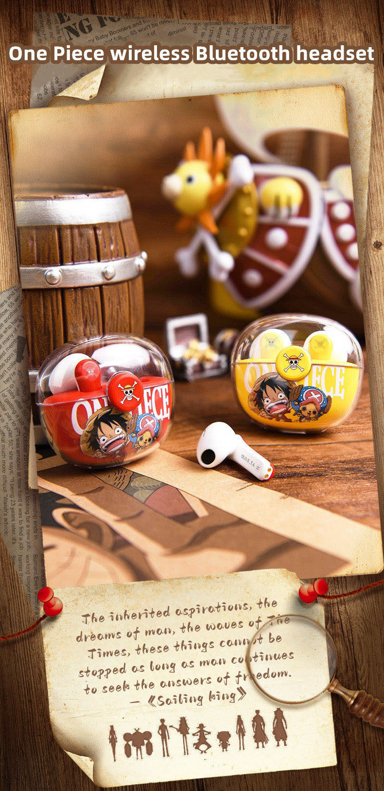 One Piece Monkey D. Luffy Tony Tony Chopper True Wireless Bluetooth 5.3 Earbuds Smart Touch Control Half‑in‑Ear Headphones with Transparent Charging Case Anime Gift For Fans