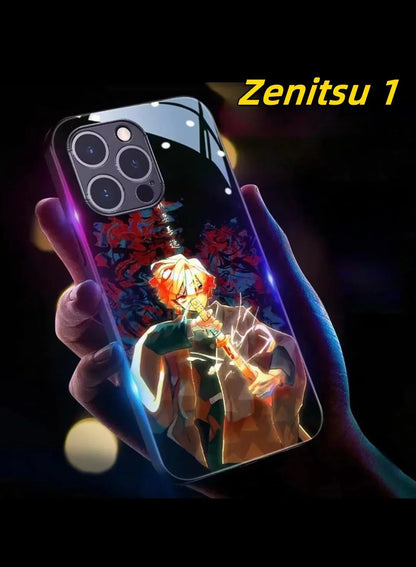`Demon Slayer Anime Light Up Phone Case, Smart Sound Activated Flash Glowing Glass Back Cover, Shockproof Protective Phone Case for iPhone, Anime Tanjiro Zenitsu Case Gift`