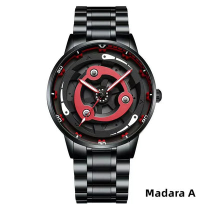 Naruto Sharingan Anime Watch for Men, Uchiha Sasuke Madara Rotating Sharingan Dial Wrist Watch, Stainless Steel Band Quartz Watch, Anime Cosplay Accessory, Collectible Gift for Naruto Fans