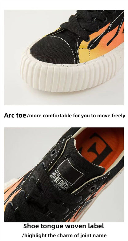 One Piece Ace Low Top Canvas Sneakers for Men Women, Black Orange Flame Graphic Portgas D Ace Anime Skate Shoes, Unisex Lace-Up Thick Ribbed Cookie Sole Streetwear Casual Walking Shoes, Anime Fan Collectible Gift