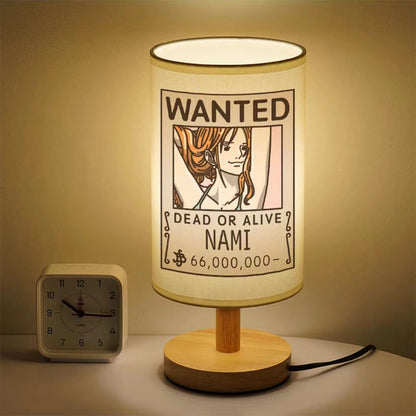 One Piece Wanted Poster Table Lamp, Anime Straw Hat Crew Wanted Print Night Light, Wooden Base Bedside Desk Lamp, Soft Warm Light Decor Lamp, Collectible Gift for One Piece Fans