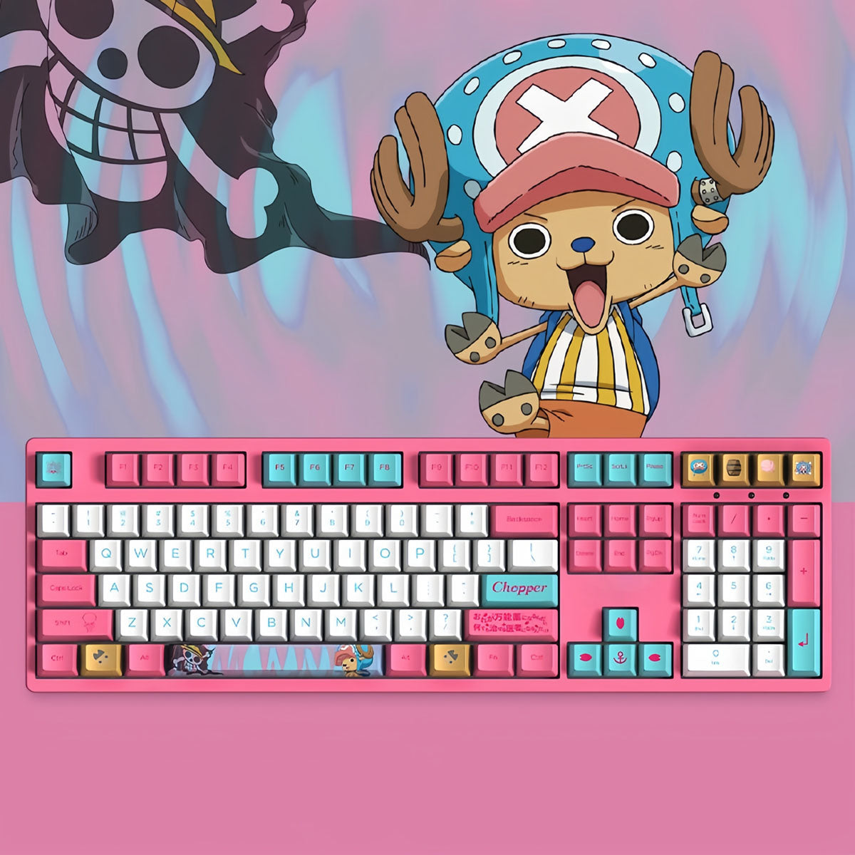 One Piece Chopper Mechanical Keyboard, Pink Anime Themed 104 Keys Full Size Wired Gaming Keyboard, PBT Custom Anime Keycaps Mechanical Keyboard for PC Laptop Desktop Gamers One Piece Fans