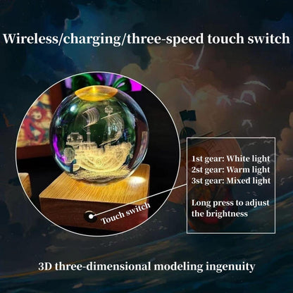 One Piece Thousand Sunny & Going Merry 3D Laser Engraved Crystal Ball Night Light, Anime Pirate Ship Crystal Sphere Lamp, USB Powered Wooden LED Base, Desk Decor Collectible Gift for One Piece Fans