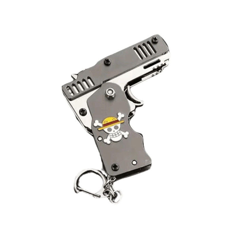 One Piece Mini Folding Rubber Band Gun Keychain, Straw Hat Pirates Jolly Roger Metal Rubber Band Launcher Toy, Portable Foldable Key Ring Collectible Ornament, Anime Fan Desk Decor & Gift