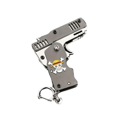One Piece Mini Folding Rubber Band Gun Keychain, Straw Hat Pirates Jolly Roger Metal Rubber Band Launcher Toy, Portable Foldable Key Ring Collectible Ornament, Anime Fan Desk Decor & Gift