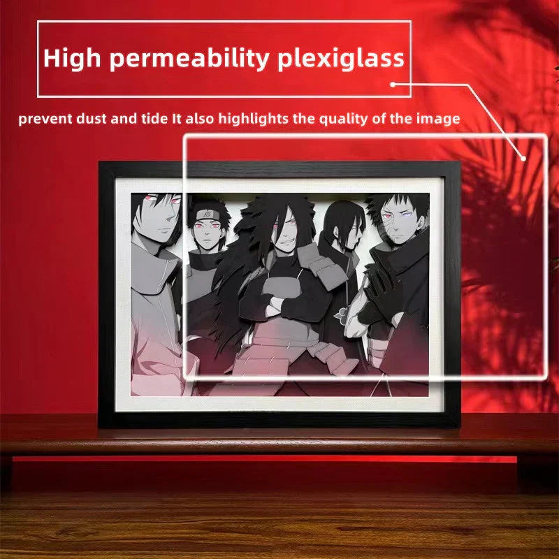 Naruto Uchiha Family 3D Layered Paper Cut Art Frame, Uchiha Clan Group Portrait Paper Carving Shadow Box, Handmade Stratified Anime Wall Painting, Framed Wall Hanging Decor, Collectible Art Gift for Naruto Fans