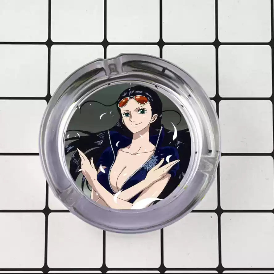 One Piece Anime Glass Ashtray, Luffy Zoro Ace Sanji Round Cigarette Ashtray, Portable Clear Glass Ash Tray with Character Print, Desktop Decor Collectible Gift for One Piece Fans