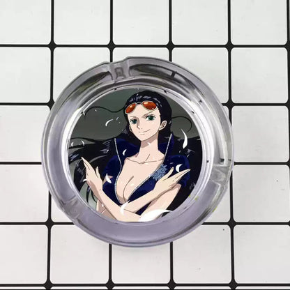 One Piece Anime Glass Ashtray, Luffy Zoro Ace Sanji Round Cigarette Ashtray, Portable Clear Glass Ash Tray with Character Print, Desktop Decor Collectible Gift for One Piece Fans