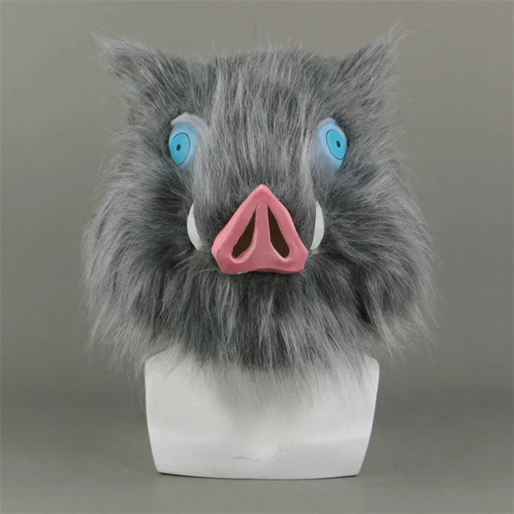 Demon Slayer Inosuke Hashibira Boar Mask, Anime Wild Boar Head Mask with Fluffy Fur, Latex Cosplay Helmet for Halloween Costume Party, Role Play Prop for Demon Slayer Fans