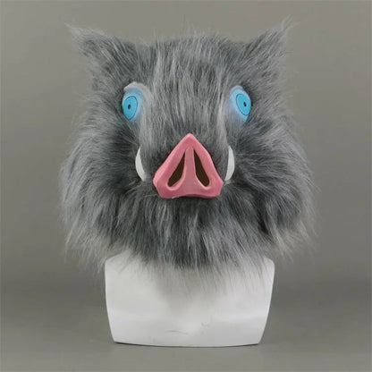 Demon Slayer Inosuke Hashibira Boar Mask, Anime Wild Boar Head Mask with Fluffy Fur, Latex Cosplay Helmet for Halloween Costume Party, Role Play Prop for Demon Slayer Fans
