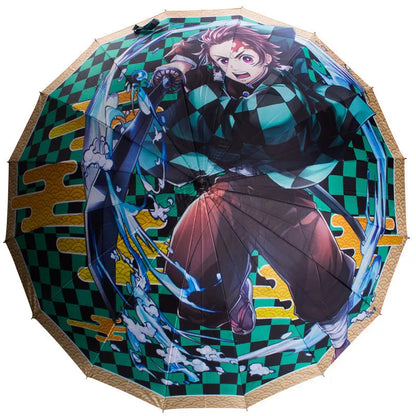 Demon Slayer Anime Katana Sword Umbrella, Nichirin Sword Shape Long Handle Umbrella, Tanjiro Zenitsu Rengoku Printed Sun Rain Stick Umbrella with Shoulder Strap, Demon Slayer Cosplay Merch Gift for Anime Fans