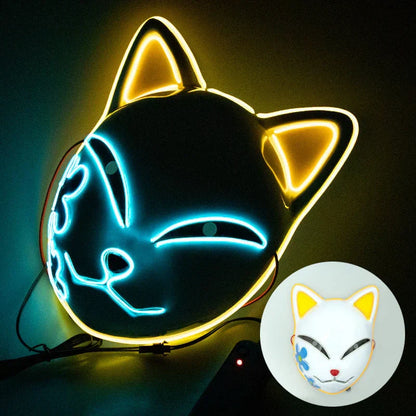 Demon Slayer Anime Cosplay Mask, Inosuke Boar Mask & LED Glowing Cat Fox Mask, Kimetsu no Yaiba Halloween Party Costume Prop, Light Up Anime Mask for Cosplay, Halloween Carnival Dress Up Gift