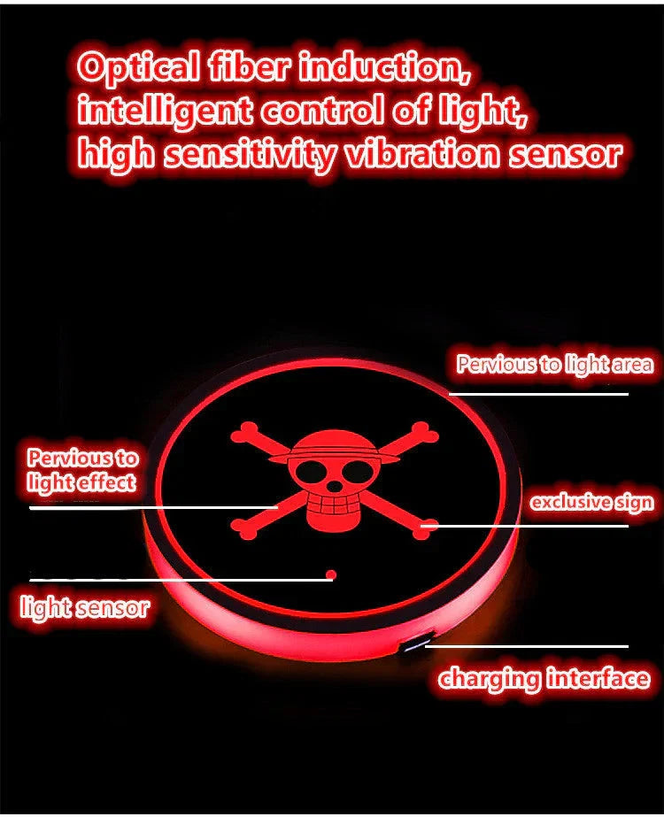 Naruto One Piece Car Accessory Gift，Anime Sharingan LED Car Cup Holder Coaster, Intelligent Sensor Light Up Cup Mat, USB Rechargeable, Multi-Color Changing Car Interior Decor.