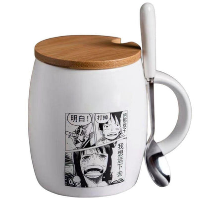 One Piece Anime Manga Panel Ceramic Mug with Bamboo Lid & Spoon, Black White Comic Print Coffee Cup, Large Capacity Drinking Mug, Anime Fan Desktop Decor Collectible Gift for One Piece Fans