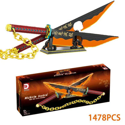 Demon Slayer Tengen Uzui Nichirin Sword Building Blocks Set, 1478Pcs Anime Double Blade Sword Model with Display Stand & Golden Chain, Interlocking Bricks Weapon Assembly Kit, Desktop Display Collectible Gift for Demon Slayer Fans
