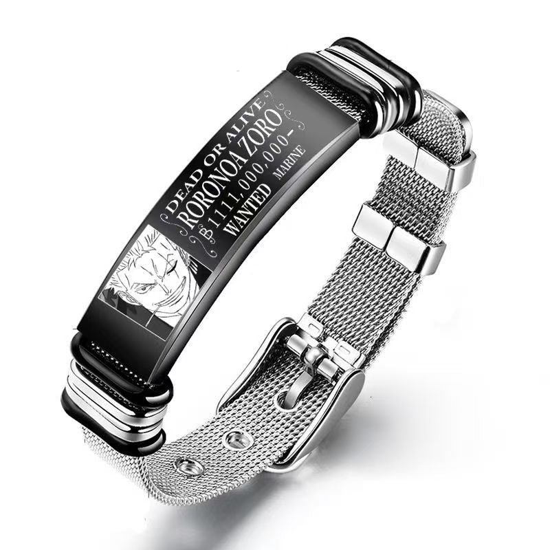 One Piece Monkey D. Luffy Roronoa Zoro Engraved Stainless Steel Mesh Bracelet Adjustable Wristband Anime Wanted Poster Jewelry Gift For Anime Fans