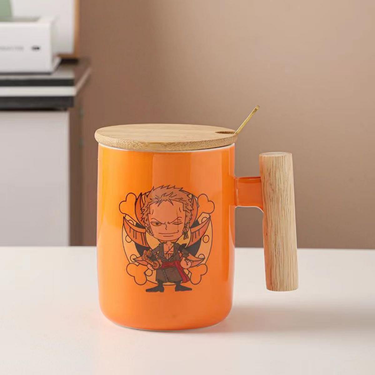 One Piece Anime Ceramic Mug with Wooden Handle, Luffy Chopper Zoro Cartoon Coffee Cup with Bamboo Lid & Spoon, Anime Water Cup Gift Set for One Piece Fans
