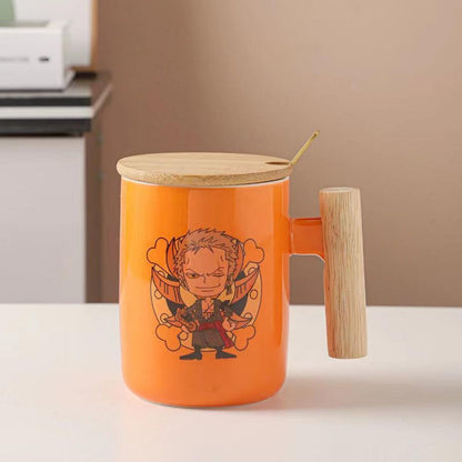 One Piece Anime Ceramic Mug with Wooden Handle, Luffy Chopper Zoro Cartoon Coffee Cup with Bamboo Lid & Spoon, Anime Water Cup Gift Set for One Piece Fans