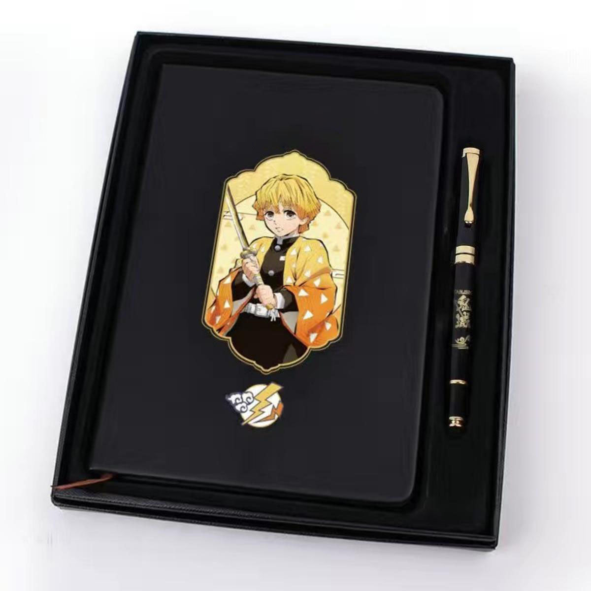 Demon Slayer Anime Notebook & Pen Gift Set, Tanjiro Nezuko Zenitsu Inosuke Character Journal with Metal Badge, Hardcover Writing Notebook Stationery Set, Anime Collectible Gift for Demon Slayer Fans