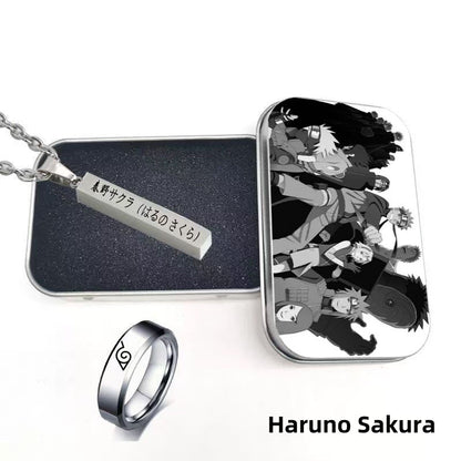 Naruto Uzumaki Anime Jewelry Set, Engraved Name Bar Pendant Necklace + Konoha Symbol Ring, Metal Collectible Gift Box, Anime Cosplay Accessory Gift Set for Naruto Fans