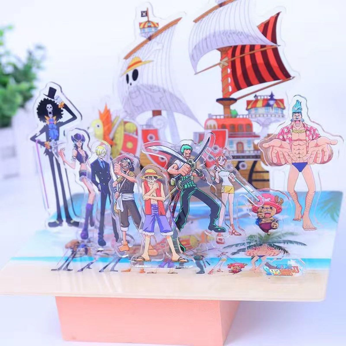 One Piece Straw Hat Pirates Acrylic Standee Scene Set, Luffy Zoro Nami Sanji Chopper Crew & Thousand Sunny Ship Acrylic Figure Stand, HD Printed Tabletop Display Ornament, Anime Fan Collectible Birthday Gift