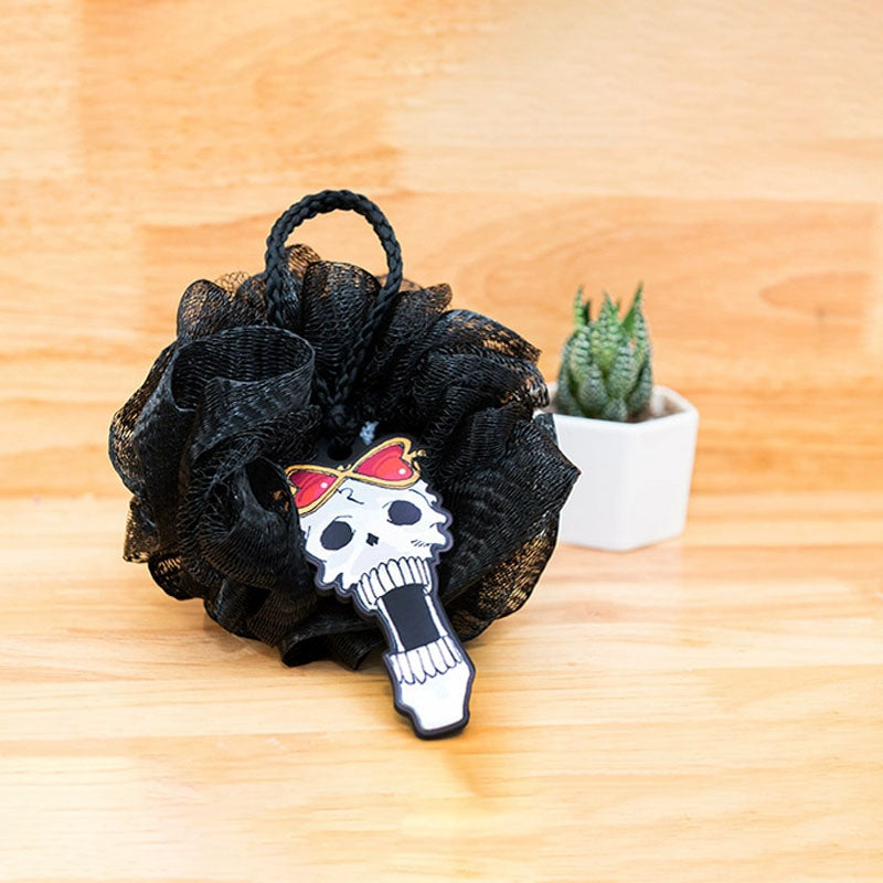 One Piece Brook Bath Sponge, Anime Skeleton Brook Shower Loofah, Black Mesh Bath Ball with Anime Pendant, Cute Body Scrub Pouf for Bathroom, Collectible Gift for One Piece Fans