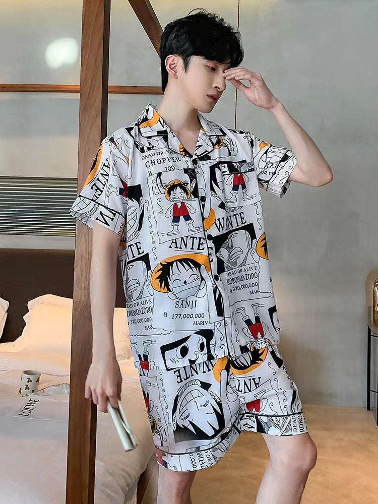 One Piece Monkey D. Luffy Anime Men Pajama Set, Short Sleeve Button Down Shirt & Shorts Sleepwear, Manga Print Casual Nightwear, Soft Home Loungewear Set, Anime Gift for One Piece Fans