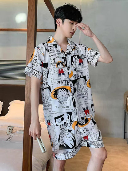 One Piece Monkey D. Luffy Anime Men Pajama Set, Short Sleeve Button Down Shirt & Shorts Sleepwear, Manga Print Casual Nightwear, Soft Home Loungewear Set, Anime Gift for One Piece Fans