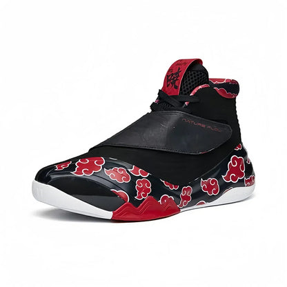 Men High Top Naruto Anime Basketball Shoes, Akatsuki Red Cloud Print Breathable Mesh Non Slip Rubber Outsole Cushioning Athletic Sneakers, Shock Absorption Sports Trainers for Indoor Outdoor Basketball Training Streetball