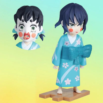 Demon Slayer Kimetsu no Yaiba Anime Figure, Tanjiro Zenitsu Inosuke Kimono Version Figurine with Extra Interchangeable Face, Cute Demon Slayer Collectible Statue, Desk Decor Anime Gift for Fans