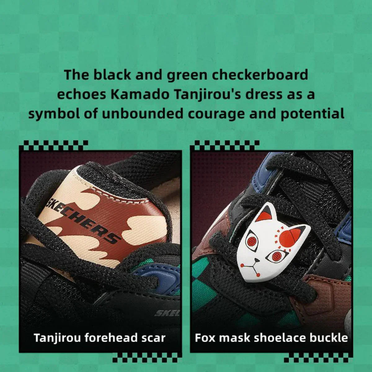 Demon Slayer Tanjiro Anime Sneakers, Green Checkered Cosplay Shoes, Men Women Chunky Casual Running Footwear, Anime Themed Streetwear Athletic Shoes, Gift for Demon Slayer Fans