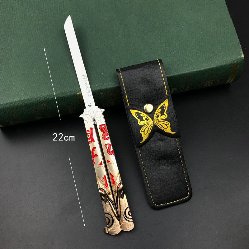 Anime Katana Balisong Trainer, Cosplay Butterfly Knife Trainer, No Blade Dull Safe Practice Sword, Demon Slayer & Naruto Anime Butterfly Knife Model with Leather Sheath, Anime Collection Toy Gift for Fans